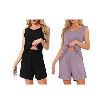 2 Sets Women's Lounge Set Cotton Sleeveless Pajama Set Tank Top Shorts Soft Sleepwear PJ Set