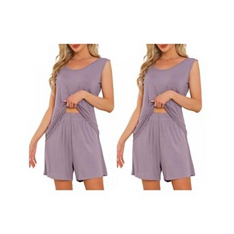 2 Sets Women's Lounge Set Cotton Sleeveless Pajama Set Tank Top Shorts Soft Sleepwear PJ Set
