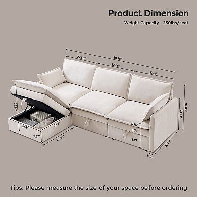 88.98" Modular L-Shaped Sectional Sofa with Storage Ottoman, 4-Seat Chenille Couch with Pillows