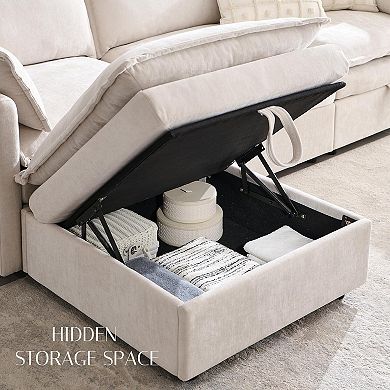 88.98" Modular L-Shaped Sectional Sofa with Storage Ottoman, 4-Seat Chenille Couch with Pillows
