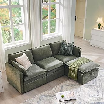 88.98" Modular L-Shaped Sectional Sofa with Storage Ottoman, 4-Seat Chenille Couch with Pillows