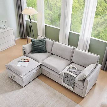 88.98" Modular L-Shaped Sectional Sofa with Storage Ottoman, 4-Seat Chenille Couch with Pillows