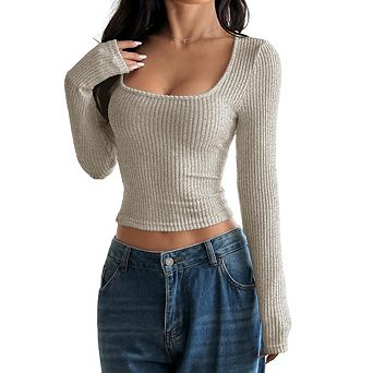 Women Long Sleeve Shirts Ribbed Knit Square Neck Top Casual Basic Fitted Slim Crop Tops Outfits