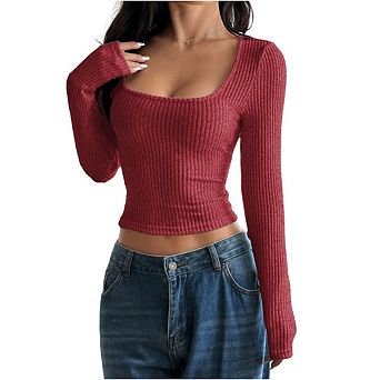 Women Long Sleeve Shirts Ribbed Knit Square Neck Top Casual Basic Fitted Slim Crop Tops Outfits