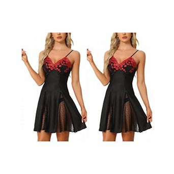 2 Packs Women's Lingerie Babydoll Satin Mesh Inset Sweet Nightgown Mini Chemise Dress