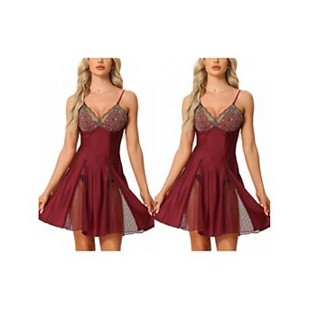 2 Packs Women's Lingerie Babydoll Satin Mesh Inset Sweet Nightgown Mini Chemise Dress