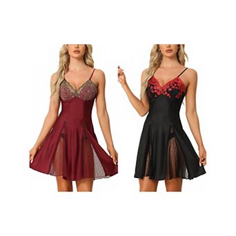2 Packs Women's Lingerie Babydoll Satin Mesh Inset Sweet Nightgown Mini Chemise Dress