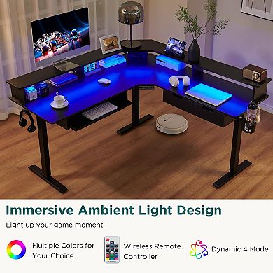 60" L-Shaped Electric Standing Desk with LED Lights, Height Adjustable Computer Desk with Drawers