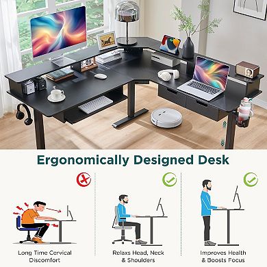 60" L-Shaped Electric Standing Desk with LED Lights, Height Adjustable Computer Desk with Drawers