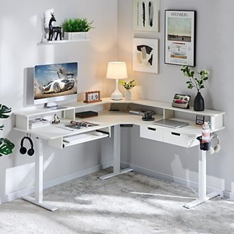 60" L-Shaped Electric Standing Desk with LED Lights, Height Adjustable Computer Desk with Drawers