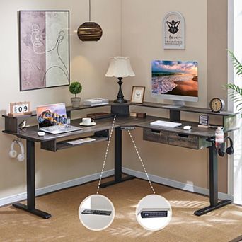 60" L-Shaped Electric Standing Desk with LED Lights, Height Adjustable Computer Desk with Drawers