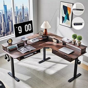 60" L-Shaped Electric Standing Desk with LED Lights, Height Adjustable Computer Desk with Drawers