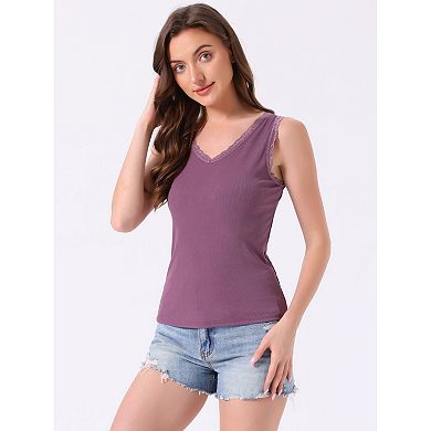 2 Packs Women's Lacework Trim Modal Tank Tops Ruched Ribbed Knit V Neck Sleeveless Undershirt