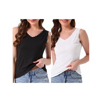 2 Packs Women's Lacework Trim Modal Tank Tops Ruched Ribbed Knit V Neck Sleeveless Undershirt
