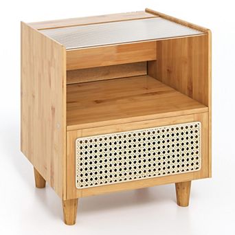 Bamboo Rattan Nightstand with Drawer, Glass Top, and Solid Wood Legs
