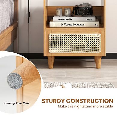 Bamboo Rattan Nightstand with Drawer, Glass Top, and Solid Wood Legs