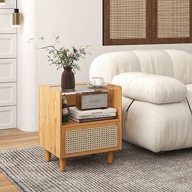 Bamboo Rattan Nightstand with Drawer, Glass Top, and Solid Wood Legs