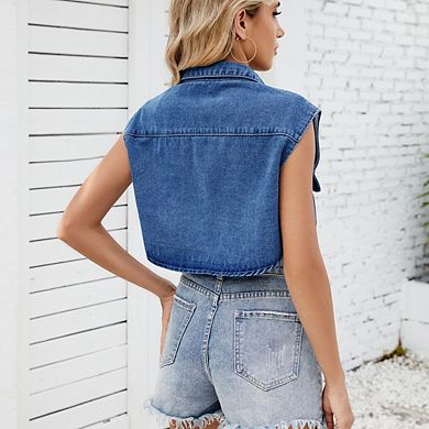 Womens Cropped Button Down Shirt Collared Sleeveless Loose Denim Top with Pockets