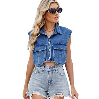 Womens Cropped Button Down Shirt Collared Sleeveless Loose Denim Top with Pockets