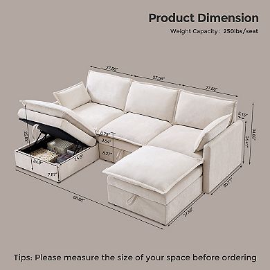 88.98" Modular U-Shaped Sectional Sofa with Storage Ottoman, 5-Seat Chenille Couch with Pillows