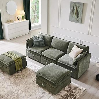 88.98" Modular U-Shaped Sectional Sofa with Storage Ottoman, 5-Seat Chenille Couch with Pillows