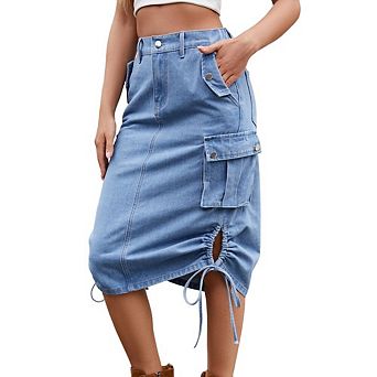 Denim Cargo Skirts for Women Casual High Waisted Drawstring Slit Jean Western Skirt
