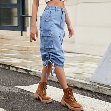 Denim Cargo Skirts for Women Casual High Waisted Drawstring Slit Jean Western Skirt