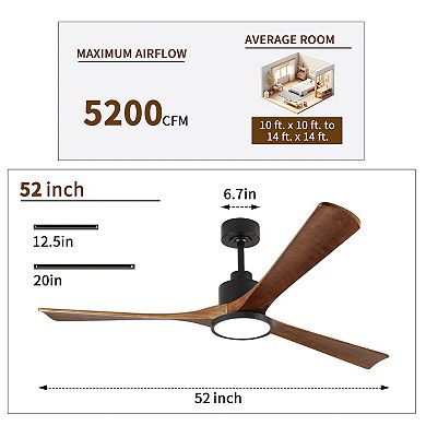 52" Modern Black 3 ABS Blades Flush Mount Standard Ceiling Fan with Integrated LED and Remote