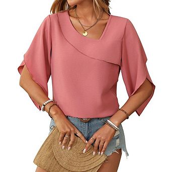 Womens 3/4 Sleeve Chiffon Ruffles Blouse Asymmetric Crew Neck Dressy Casual Work Office Shirt