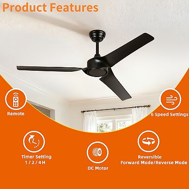 52" Modern 3 ABS Blades Flush Mount Standard Ceiling Fan with DC Moto and Remote