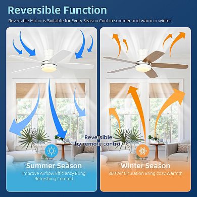 52" Modern 5 Plywood Blades Flush Mount Standard Ceiling Fan with Integrated LED and Remote