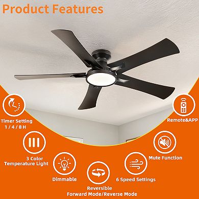 52" Modern Black 5 Plywood Blades Flush Mount Standard Ceiling Fan with Integrated LED and Remote