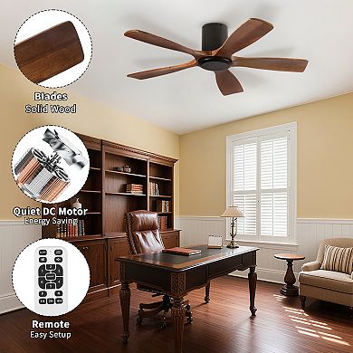 52" Modern Black 5 Wood Blades Flush Mount Standard Ceiling Fan with DC Motor and Remote Control