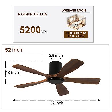 52" Modern Black 5 Wood Blades Flush Mount Standard Ceiling Fan with DC Motor and Remote Control