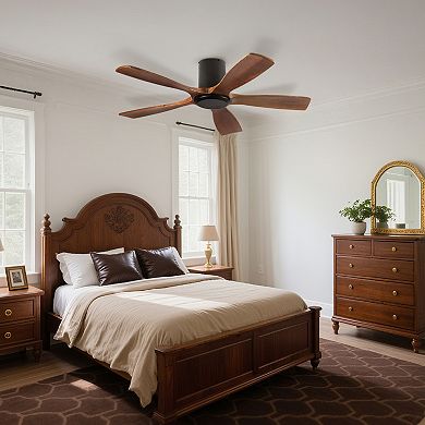 52" Modern Black 5 Wood Blades Flush Mount Standard Ceiling Fan with DC Motor and Remote Control