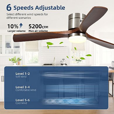 52" Modern 3 Wood Blades Flush Mount Standard Ceiling Fan with Integrated LED and Remote