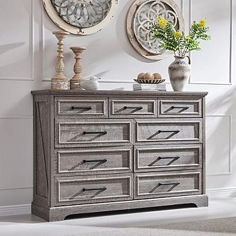 9 Drawers Dresser for Bedroom, Farmhouse Wooden Chest of Drawer with Metal Handle