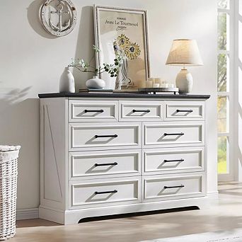 9 Drawers Dresser for Bedroom, Farmhouse Wooden Chest of Drawer with Metal Handle