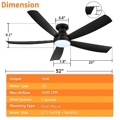 52" Modern Black 5 ABS Blades Flush Mount Standard Ceiling Fan with Integrated LED and Remote