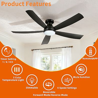 52" Modern Black 5 ABS Blades Flush Mount Standard Ceiling Fan with Integrated LED and Remote