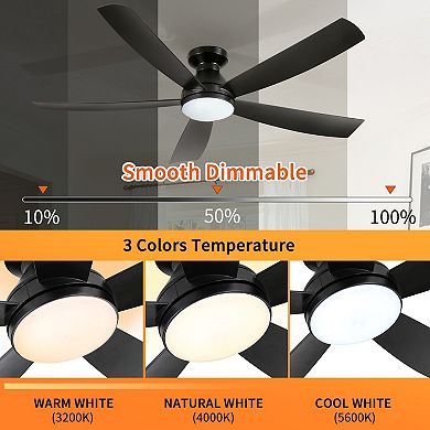 52" Modern Black 5 ABS Blades Flush Mount Standard Ceiling Fan with Integrated LED and Remote
