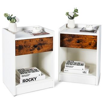 Set of 2 White Nightstands with Drawer Storage and Raised Top
