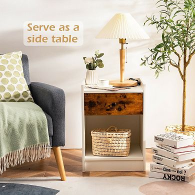 Set of 2 White Nightstands with Drawer Storage and Raised Top