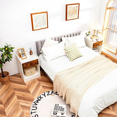 Set of 2 White Nightstands with Drawer Storage and Raised Top