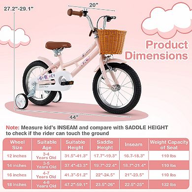 Kids Bike With Training Wheels and Basket Adjustable Bicycle for Ages 3 to 5