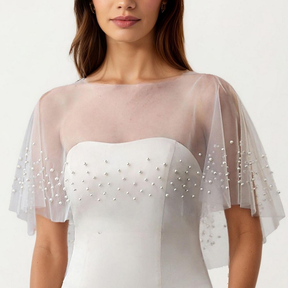 Women' s Sheer Pearl Embellished Capelet Shawl with Delicate Scattered ...