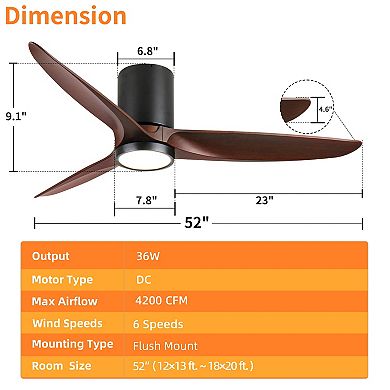 52" Modern Black 3 ABS Blades Flush Mount Standard Ceiling Fan with Integrated LED and Remote