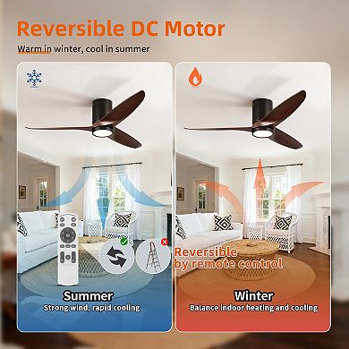 52" Modern Black 3 ABS Blades Flush Mount Standard Ceiling Fan with Integrated LED and Remote