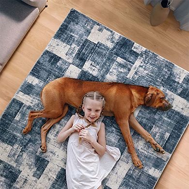 Blue Ivory Shaggy Abstract Rug