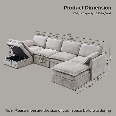 116.54" Modular U-Shaped Sectional Sofa with Storage Ottoman, 6-Seat Chenille Couch with Pillows